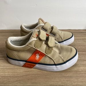 Polo Ralph Lauren Canvas Toddler Shoe Beige Orange Logo Size 10 Hook Loop Straps